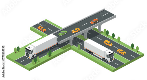 Isometric urban highway with trucks and cars on overpass intersection