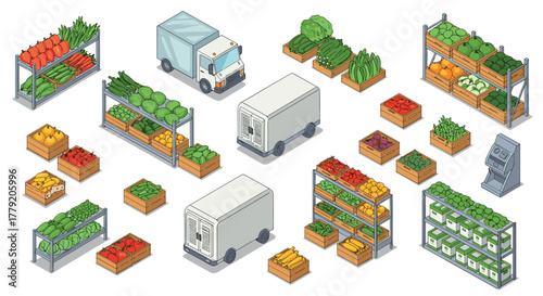 Isometric farmers market elements with vegetables, shelves, and delivery trucks