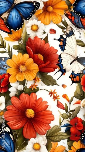 Vibrant flowers and butterflies displaying nature's beauty