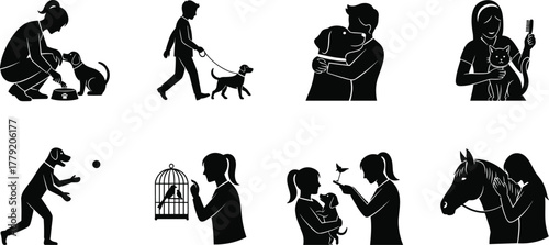 Human animal interaction, pet care, dog walking, cat grooming, bird handling, horse affection, silhouette people, black vector, cad drawing flat vector illustration