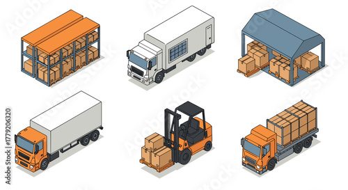 Isometric logistics and freight transport icons set with trucks and containers