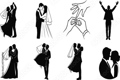 Romantic wedding couple pose, love celebration moment, kissing bride groom, emotional embrace, black white silhouette, cad drawing flat vector illustration