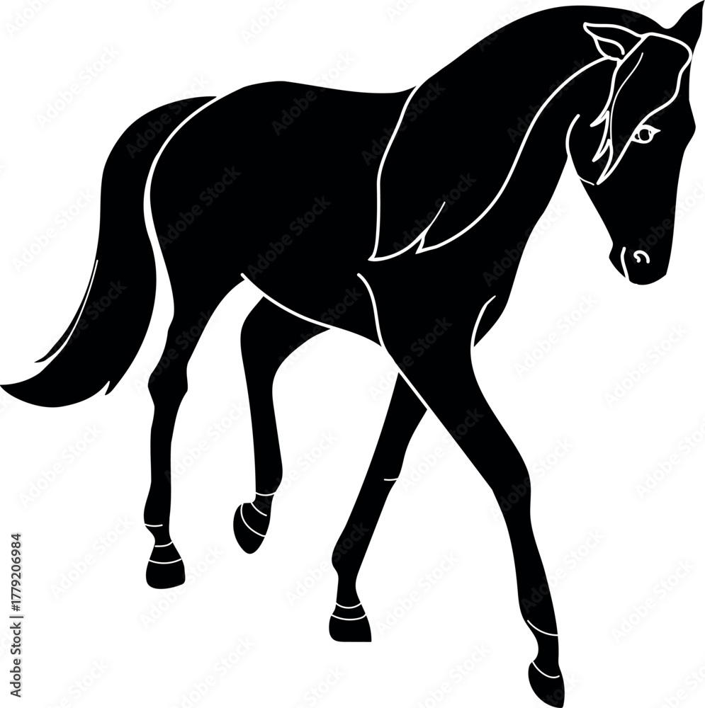 Obraz premium Black silhouette of a horse walking forwar isolated on white background