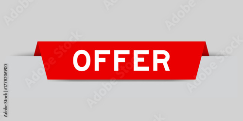 Red color inserted label with word offer on gray background