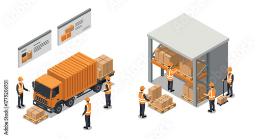 Isometric warehouse operations with workers, truck, and equipment