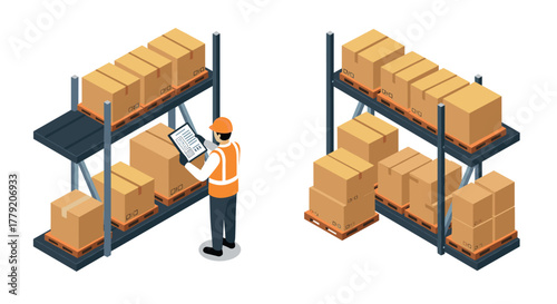 Warehouse inventory management with worker checking stock on shelves