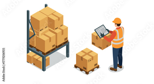 Warehouse inventory management with worker in safety gear and boxes
