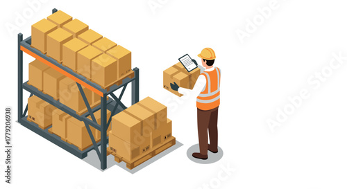 Warehouse worker checking inventory with tablet in modern storage facility