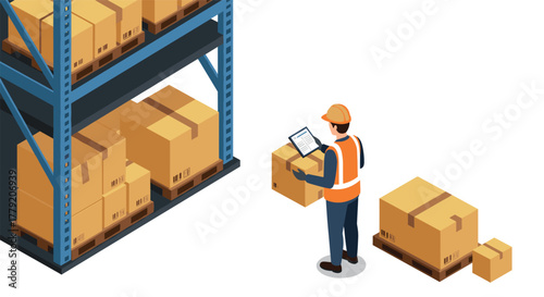 Warehouse worker organizing boxes in modern isometric storage facility