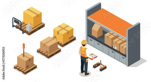 Isometric warehouse scene with worker managing box inventory and equipment