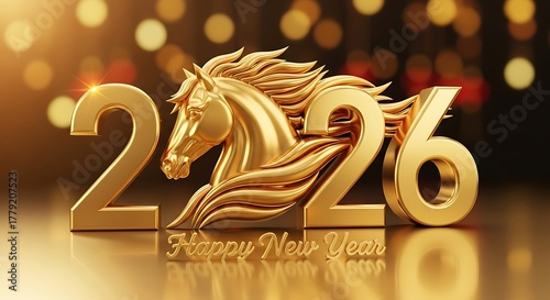 Golden 2026 new year celebration with a majestic horse symbol