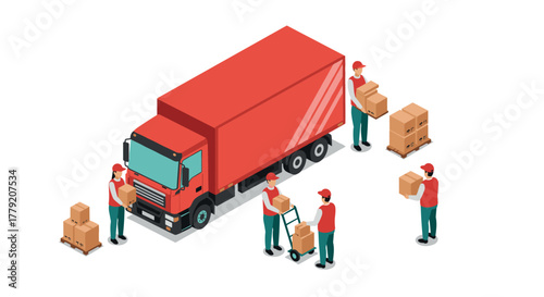 Isometric delivery truck with workers loading and unloading packages