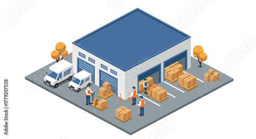 Warehouse logistics hub with delivery trucks and workers in isometric style