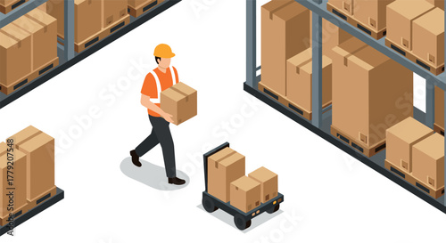 Warehouse worker in safety gear moving boxes on a trolley in isometric warehouse