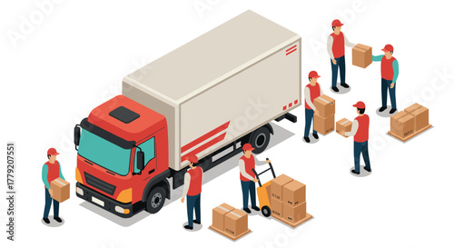 Isometric delivery team unloading boxes from a truck