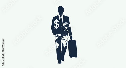 Silhouette of a businessman traveling the world with a suitcase, dollar sign, and globe, representing global business and finance.
