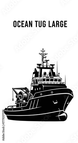 Ocean Tug Boat Illustration A Detailed Black and White Depiction of a Large Tugboat