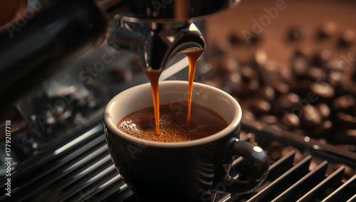 cinematic close-up espresso pour with golden crema and steam in warm light