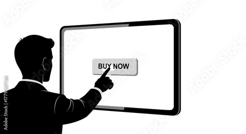 Silhouette of a businessman touching a "Buy Now" button on a large touchscreen display.