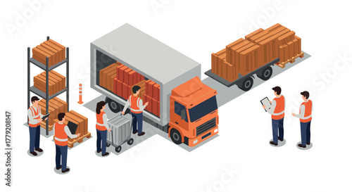 Warehouse operations with workers loading truck in isometric style