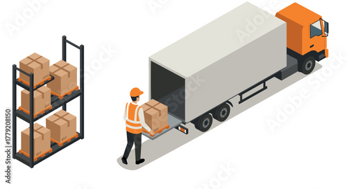 Isometric warehouse logistics with worker loading truck and boxes on shelves