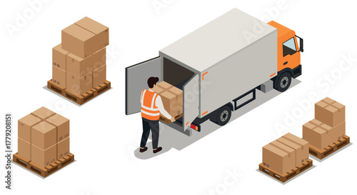 Isometric delivery truck with worker loading boxes for shipping and logistics