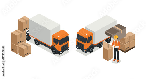 Isometric delivery trucks and worker with boxes for shipping and logistics