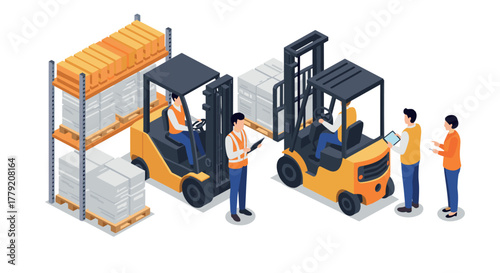 Warehouse operations with forklifts and workers in an isometric style