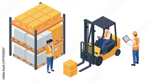 Warehouse operations with forklift and workers in safety vests