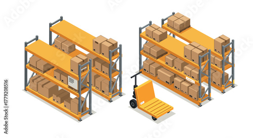 Isometric warehouse shelves with cart and boxes for efficient storage solutions