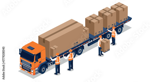 Isometric logistics scene with workers loading boxes onto a truck