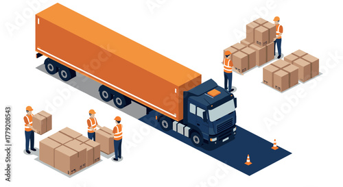 Isometric logistics and transportation scene with workers handling packages
