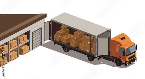 Isometric delivery truck unloading boxes at warehouse
