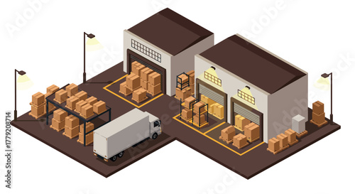 Isometric warehouse with trucks and cardboard boxes in a distribution center