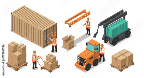 Isometric warehouse operations with cargo handling and logistics equipment