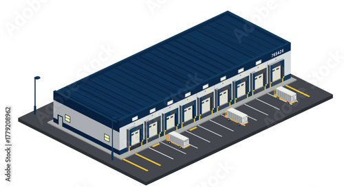 Isometric warehouse building with loading docks and parking area