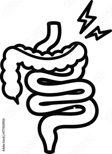 Pain in intestine bowel digest icon. Abdominal distress, cramp and bloating relief