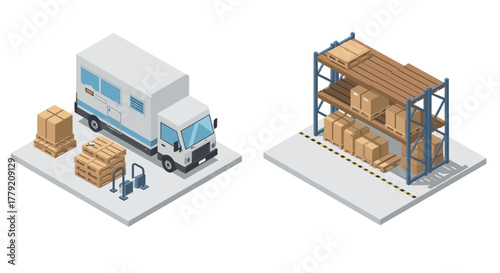 Isometric delivery truck and warehouse shelf with boxes on pallets in modern logistics setting
