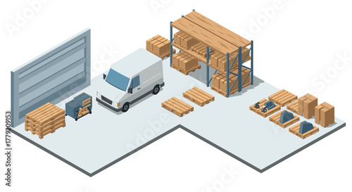 Warehouse storage scene with shelves, boxes, and delivery van in isometric style