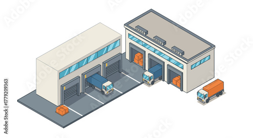 Isometric warehouse complex with loading docks and delivery trucks