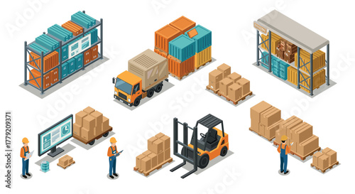 Warehouse logistics isometric view of storage, transportation, and inventory management