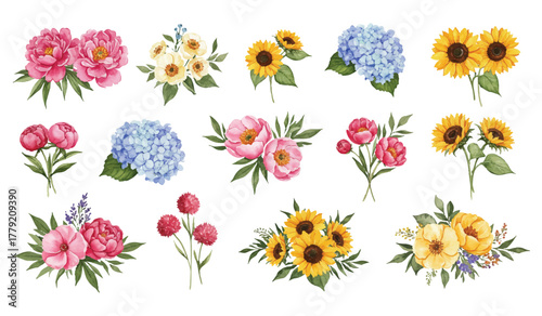 Watercolor Floral Collection Peonies, Sunflowers, Hydrangeas, and Assorted Blooms in Stunning Arrangements for Design Projects