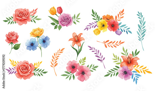 Watercolor Floral Collection Vibrant Blossoms and Leaves for Designs, Decorations, or Creative Projects, a Bouquet of Floral Elements