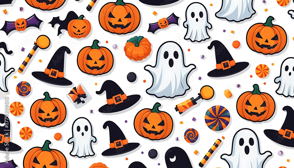 Naklejka premium Halloween Pattern with Jack-o-lanterns Ghosts Witch Hats Candy and Spooky Decorations