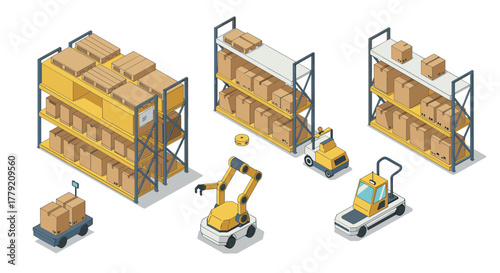 Modern warehouse setup with isometric shelves, forklifts, and robotic arm for efficient inventory management