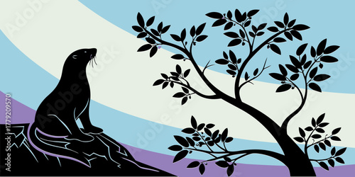 Minimalist illustration of a calm marine creature on a rock, watching a stylized tree. An abstract gradient sky provides a serene background to this tranquil nature art