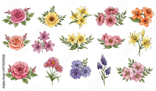 Watercolor Floral Collection Diverse Arrangements of Blooming Flowers for Design and Decoration