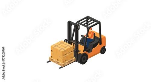 Isometric forklift with worker handling pallet boxes in warehouse setting
