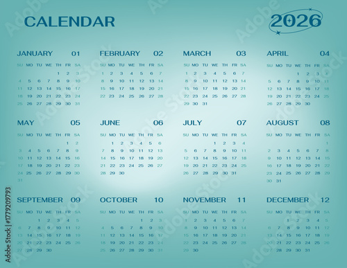 2026 year english calendar template horizontal single page of 12 month in gradient Transformative Teal design.