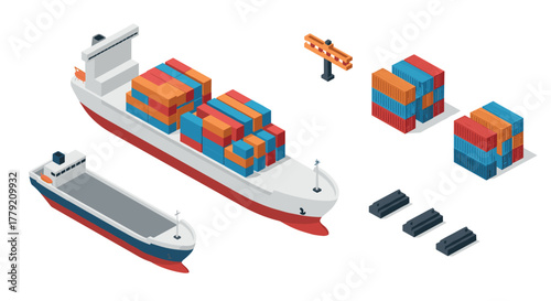 Isometric cargo ship scene with containers and shipping elements
